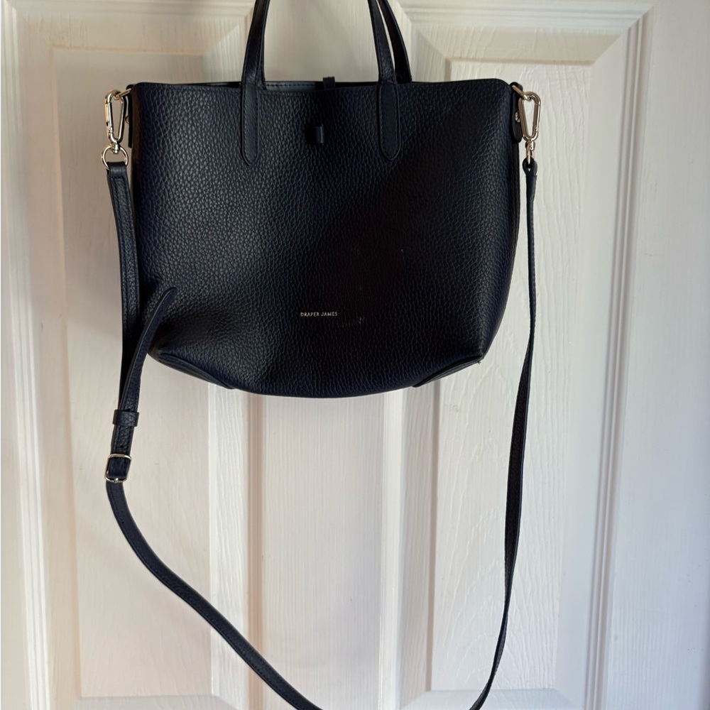 Draper James Navy Reversible to Gingham Leather Tote  Bag with Crossbody Strap